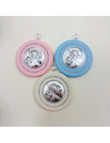 Medallon de cuna, con imagen angeles, 9 cm de diametro, disponible en tres tipos de colores.
