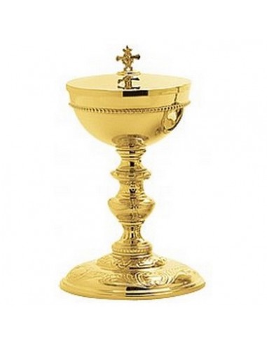Copon metal baño de oro.
Rica ornamentación cincelada a mano.
Dimensiones: 22 cm Altura y 12 cm Diámetro Copa