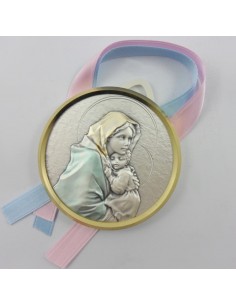 Medallon cuna plata dorada Virgen con niño 7 cm diametro, lazo azul y rosa.